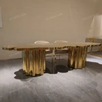 Cloud-Shaped Gold Dining Table with Contour Inlay and Sculptural Draped Pedestals